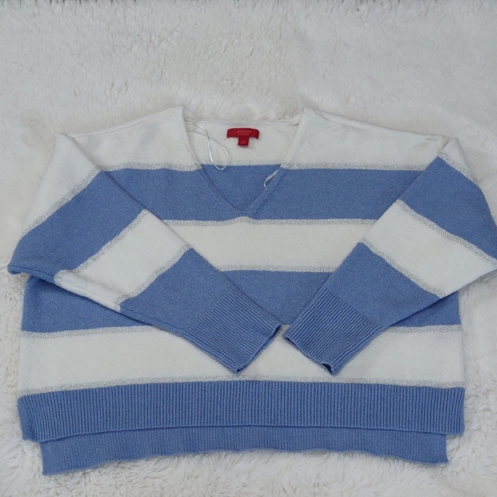 JENNIFER LOPEZ Blue and White Striped Women's Sweater - Picture 14 of 15